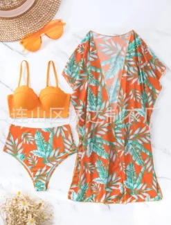 New Women's Swimsuits Bikini Three Piece Briefs Swimsuit Backless Tummy Control High Waist Slim Vacation Beach Wear Leaves V Neck Long Sleeve Bathing Suits Women Bikinis