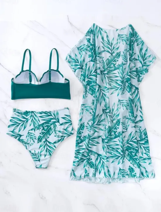 New Women's Swimsuits Bikini Three Piece Briefs Swimsuit Backless Tummy Control High Waist Slim Vacation Beach Wear Leaves V Neck Long Sleeve Bathing Suits Women Bikinis