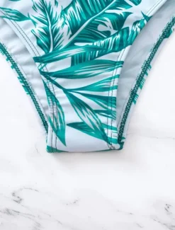 New Women's Swimsuits Bikini Three Piece Briefs Swimsuit Backless Tummy Control High Waist Slim Vacation Beach Wear Leaves V Neck Long Sleeve Bathing Suits Women Bikinis