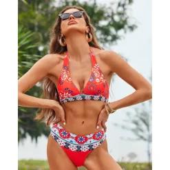 Online Women's Swimsuits Bikinis 2 Piece Sets Swimsuit Backless Halter Sexy Boho Floral Print Summer Beach Wear Bathing Suits Women Bikinis