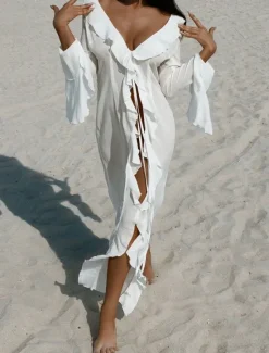 New Women's Swimsuits Cover Up Swim Dress Swimsuit Ruffle Vacation Beach Wear Solid Color V Neck Long Sleeve Bathing Suits Women Cover Up