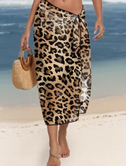 Discount Women's Swimsuits Cover Up wrap Swimsuit Vacation Vintage Leopard Sleeveless Bathing Suits Women Leopard Swimwear|Cover Up