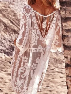 Online Women's Swimsuits Cover Up Swim Dress Swimsuit Lace Patchwork Vacation Beach Wear Solid Color V Neck Long Sleeve Bathing Suits Women Cover Up