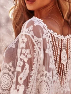Online Women's Swimsuits Cover Up Swim Dress Swimsuit Lace Patchwork Vacation Beach Wear Solid Color V Neck Long Sleeve Bathing Suits Women Cover Up