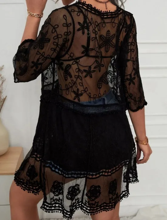 New Women's Swimsuits Cover Up Swim Dress Swimsuit Lace Patchwork Vacation Beach Wear Solid Color V Neck Long Sleeve Bathing Suits Women Cover Up