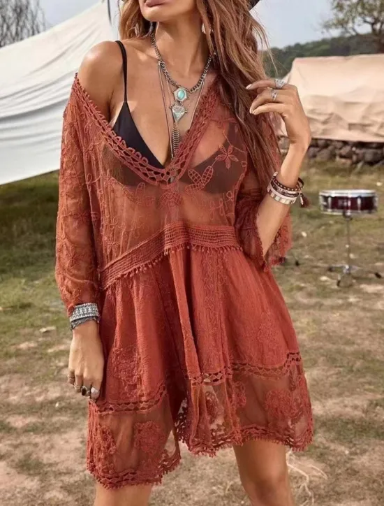 New Women's Swimsuits Cover Up Swim Dress Swimsuit Lace Patchwork Vacation Beach Wear Solid Color V Neck Long Sleeve Bathing Suits Women Cover Up
