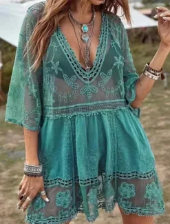 New Women's Swimsuits Cover Up Swim Dress Swimsuit Lace Patchwork Vacation Beach Wear Solid Color V Neck Long Sleeve Bathing Suits Women Cover Up