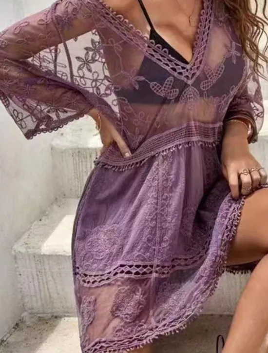 New Women's Swimsuits Cover Up Swim Dress Swimsuit Lace Patchwork Vacation Beach Wear Solid Color V Neck Long Sleeve Bathing Suits Women Cover Up