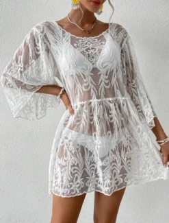 New Women's Swimsuits Cover Up Swim Dress Swimsuit Lace Patchwork Vacation Beach Wear Solid Color V Neck Long Sleeve Bathing Suits Women Cover Up