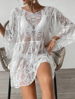 New Women's Swimsuits Cover Up Swim Dress Swimsuit Lace Patchwork Vacation Beach Wear Solid Color V Neck Long Sleeve Bathing Suits Women Cover Up