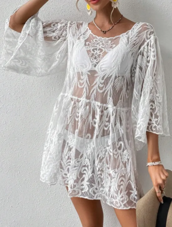 New Women's Swimsuits Cover Up Swim Dress Swimsuit Lace Patchwork Vacation Beach Wear Solid Color V Neck Long Sleeve Bathing Suits Women Cover Up