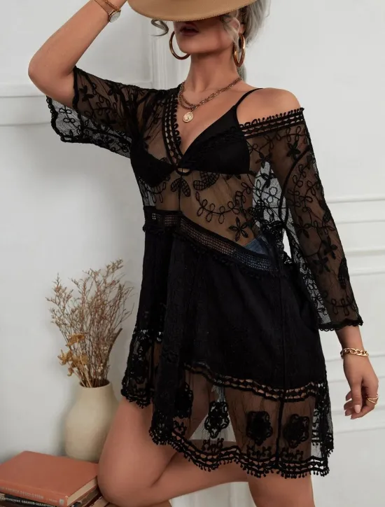New Women's Swimsuits Cover Up Swim Dress Swimsuit Lace Patchwork Vacation Beach Wear Solid Color V Neck Long Sleeve Bathing Suits Women Cover Up