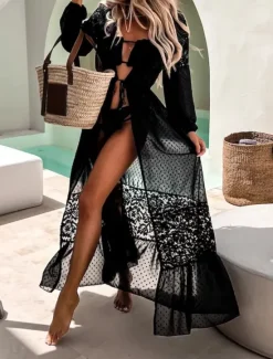 New Women's Swimsuits Cover Up Swimsuit Lace Patchwork Vacation Beach Wear Solid Color V Neck Long Sleeve Bathing Suits Women Cover Up