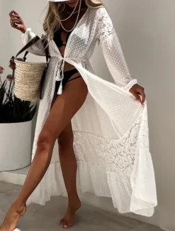 New Women's Swimsuits Cover Up Swimsuit Lace Patchwork Vacation Beach Wear Solid Color V Neck Long Sleeve Bathing Suits Women Cover Up