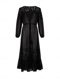 New Women's Swimsuits Cover Up Swimsuit Lace Patchwork Vacation Beach Wear Solid Color V Neck Long Sleeve Bathing Suits Women Cover Up