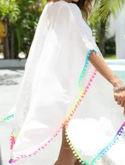 Discount Women's Swimsuits Cover Up Swim Dress Swimsuit Fringe Hem Vacation Beach Wear Solid Color V Neck Short Sleeves Bathing Suits Women Cover Up