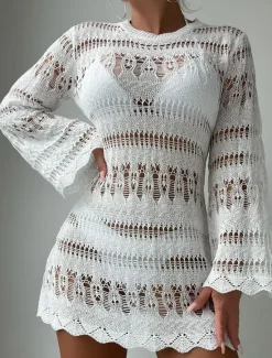 New Women's Swimsuits Cover Up Swim Dress Swimsuit Cut Out Vacation Beach Wear Solid Color Round Neck Long Sleeve Bathing Suits Women Cover Up