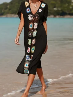 Women's Swimsuits Cover Up Swim Dress Swimsuit Patchwork Vacation Beach Wear Solid Color V Neck Short Sleeves Bathing Suits Women Cover Up