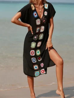 Women's Swimsuits Cover Up Swim Dress Swimsuit Patchwork Vacation Beach Wear Solid Color V Neck Short Sleeves Bathing Suits Women Cover Up