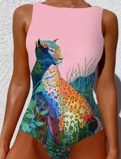 Discount Women's Swimsuits One Piece Monokini Swimsuit Backless Tummy Control High Waist Slim Vacation Beach Wear Geometric Round Neck Sleeveless Bathing Suits Women Spring Swimwear