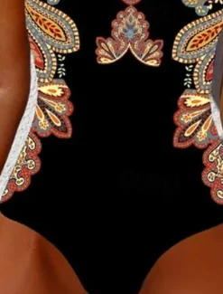 Discount Women's Swimsuits One Piece Monokini Swimsuit Backless Tummy Control High Waist Slim Vacation Beach Wear Geometric Round Neck Sleeveless Bathing Suits Women Spring Swimwear
