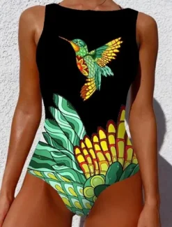 Discount Women's Swimsuits One Piece Monokini Swimsuit Backless Tummy Control High Waist Slim Vacation Beach Wear Geometric Round Neck Sleeveless Bathing Suits Women Spring Swimwear