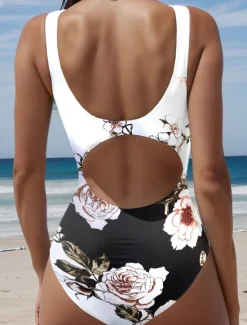 Sale Women's Swimsuits One Piece Monokini Swimsuit Backless Tummy Control High Waist Slim Vacation Beach Wear Floral U Neck Sleeveless Bathing Suits Women One-Pieces