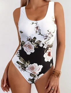 Sale Women's Swimsuits One Piece Monokini Swimsuit Backless Tummy Control High Waist Slim Vacation Beach Wear Floral U Neck Sleeveless Bathing Suits Women One-Pieces