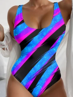 Best Women's Swimsuits One Piece Monokini Swimsuit Backless Tummy Control High Waist Slim Vacation Beach Wear Ombre Striped U Neck Sleeveless Bathing Suits Women One-Pieces