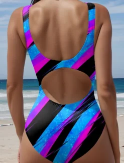 Best Women's Swimsuits One Piece Monokini Swimsuit Backless Tummy Control High Waist Slim Vacation Beach Wear Ombre Striped U Neck Sleeveless Bathing Suits Women One-Pieces