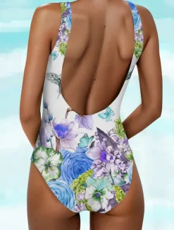 Clearance Women's Swimsuits One Piece Monokini Bathing Suits Swimsuit Open Back Printing High Waisted Sports Fashion Floral Scoop Neck Sleeveless Bathing Suits Women One-Pieces