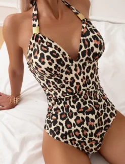 Discount Women's Swimsuits One Piece Monokini Swimsuit Backless Tummy Control High Waist Slim Vacation Beach Wear Solid Color Leopard Halter Neck Sleeveless Bathing Suits Women One-Pieces|Leopard Swimwear