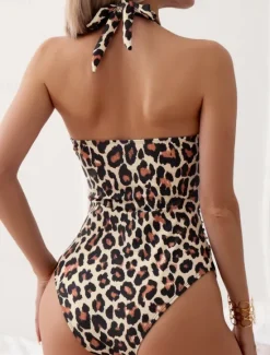 Discount Women's Swimsuits One Piece Monokini Swimsuit Backless Tummy Control High Waist Slim Vacation Beach Wear Solid Color Leopard Halter Neck Sleeveless Bathing Suits Women One-Pieces|Leopard Swimwear