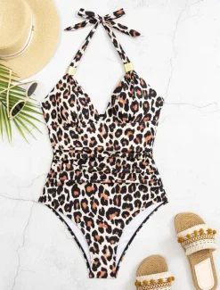 Discount Women's Swimsuits One Piece Monokini Swimsuit Backless Tummy Control High Waist Slim Vacation Beach Wear Solid Color Leopard Halter Neck Sleeveless Bathing Suits Women One-Pieces|Leopard Swimwear