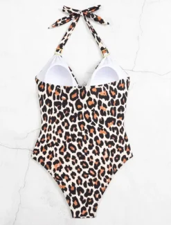 Discount Women's Swimsuits One Piece Monokini Swimsuit Backless Tummy Control High Waist Slim Vacation Beach Wear Solid Color Leopard Halter Neck Sleeveless Bathing Suits Women One-Pieces|Leopard Swimwear