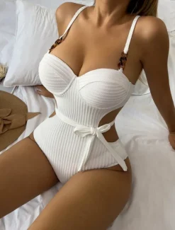 Clearance Women's Swimsuits One Piece Monokini Swimsuit Backless Tummy Control High Waist Slim Vacation Beach Wear Solid Color V Neck Sleeveless Bathing Suits Women One-Pieces