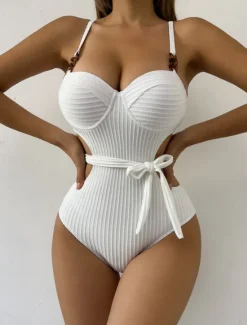 Clearance Women's Swimsuits One Piece Monokini Swimsuit Backless Tummy Control High Waist Slim Vacation Beach Wear Solid Color V Neck Sleeveless Bathing Suits Women One-Pieces