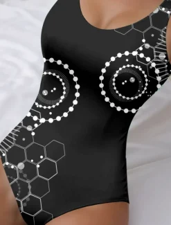 Sale Women's Swimsuits One Piece Monokini Swimsuit Backless Tummy Control High Waist Slim Vacation Beach Wear Geometric U Neck Sleeveless Bathing Suits Women One-Pieces