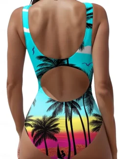 Women's Swimsuits One Piece Swimsuit Tropical Beach Wear Summer Tummy Control Bathing Suits Women One-Pieces