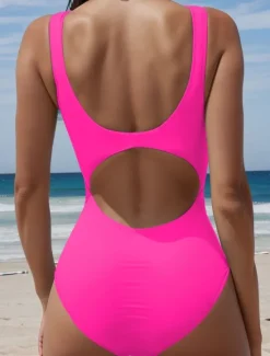Discount Women's Swimsuits One Piece Monokini Swimsuit Backless Tummy Control High Waist Slim Vacation Beach Wear Color Block U Neck Sleeveless Bathing Suits Women One-Pieces