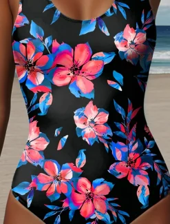Sale Women's Swimsuits One Piece Monokini Swimsuits Backless Vacation Beach Wear Floral Graphic U Neck Sleeveless Bathing Suits Women One-Pieces