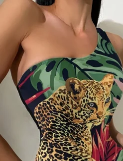 Outlet Women's Swimsuits One Piece Monokini Swimsuit Backless Tummy Control High Waist Slim Vacation Beach Wear Leopard Leaves Asymmetric Neck Sleeveless Bathing Suits Women One-Pieces
