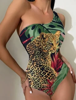 Outlet Women's Swimsuits One Piece Monokini Swimsuit Backless Tummy Control High Waist Slim Vacation Beach Wear Leopard Leaves Asymmetric Neck Sleeveless Bathing Suits Women One-Pieces