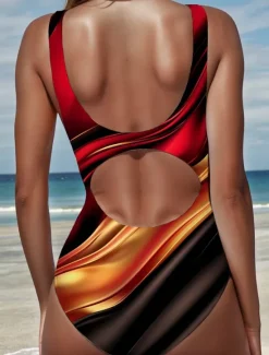 New Women's Swimsuits One Piece Monokini High Cut Swimsuit Backless Tummy Control High Waist Slim Vacation Vintage Graphic Geometric U Neck Sleeveless Bathing Suits Women One-Pieces