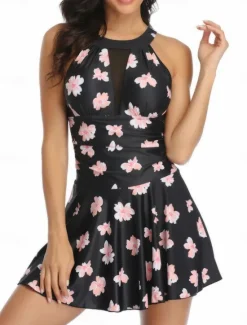Hot Women's Swimsuits One Piece Monokini Swim Dress Swimsuit Mesh Slim High Waisted Vacation Beach Wear Floral Halter Neck Sleeveless Bathing Suits Women Swimdresses