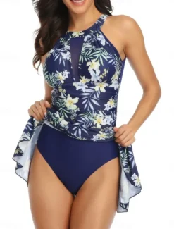 Hot Women's Swimsuits One Piece Monokini Swim Dress Swimsuit Mesh Slim High Waisted Vacation Beach Wear Floral Halter Neck Sleeveless Bathing Suits Women Swimdresses