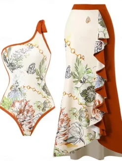 Best Women's Swimsuits One Piece 2 Piece Skirt Swimsuit Ruffle Backless Tummy Control High Waist Slim Vacation Beach Wear Floral Asymmetric Neck Sleeveless Bathing Suits Women Swimdresses
