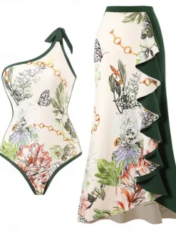 Best Women's Swimsuits One Piece 2 Piece Skirt Swimsuit Ruffle Backless Tummy Control High Waist Slim Vacation Beach Wear Floral Asymmetric Neck Sleeveless Bathing Suits Women Swimdresses