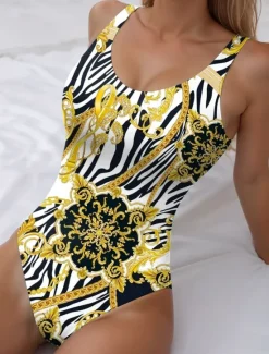 Clearance Women's Swimsuits One Piece Monokini Swimsuit Backless Tummy Control High Waist Slim Vacation Beach Wear Geometic U Neck Sleeveless Bathing Suits Women One-Pieces