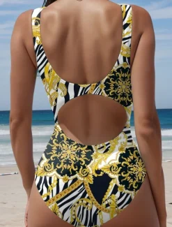 Clearance Women's Swimsuits One Piece Monokini Swimsuit Backless Tummy Control High Waist Slim Vacation Beach Wear Geometic U Neck Sleeveless Bathing Suits Women One-Pieces